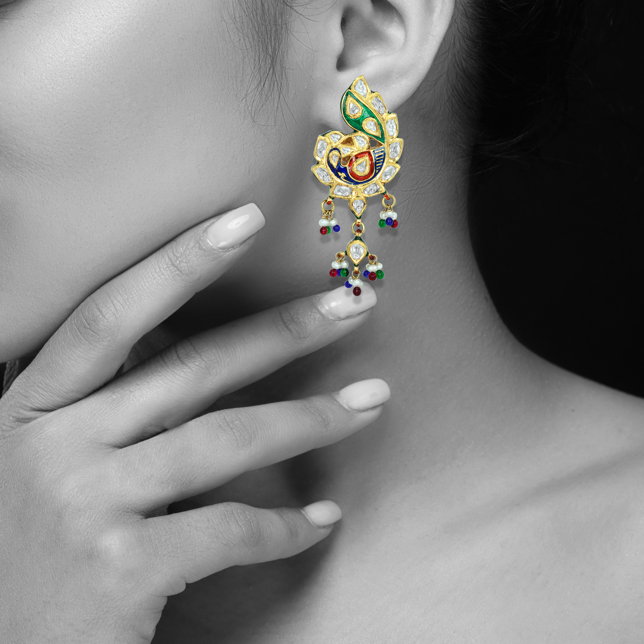 Peacock Polki Earrings with Multicolour Enamel and Bead Drops